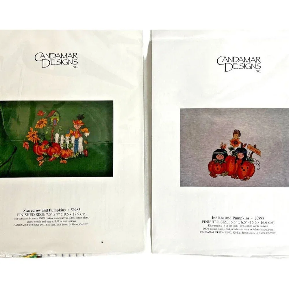 2 New Candamar Designs Cross Stitch Kit Indians and Pumpkins Scarecrow Halloween